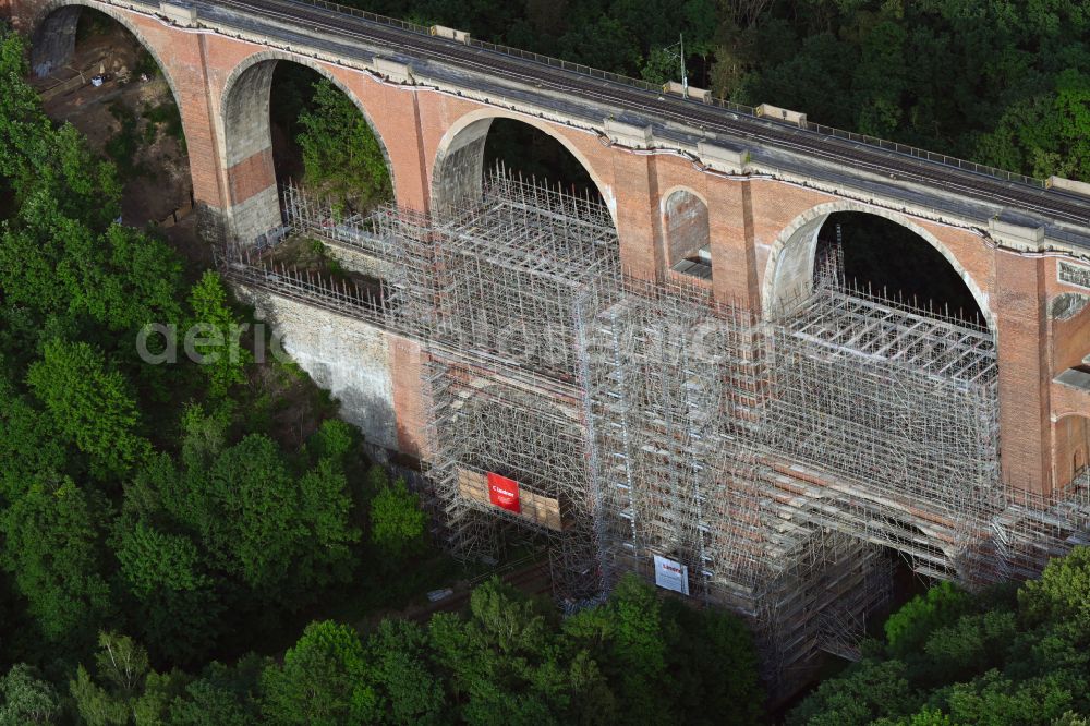 Plauen from above - Viaduct of the railway bridge structure to route the railway tracks on street Friedensstrasse in Plauen Vogtland in the state Saxony, Germany