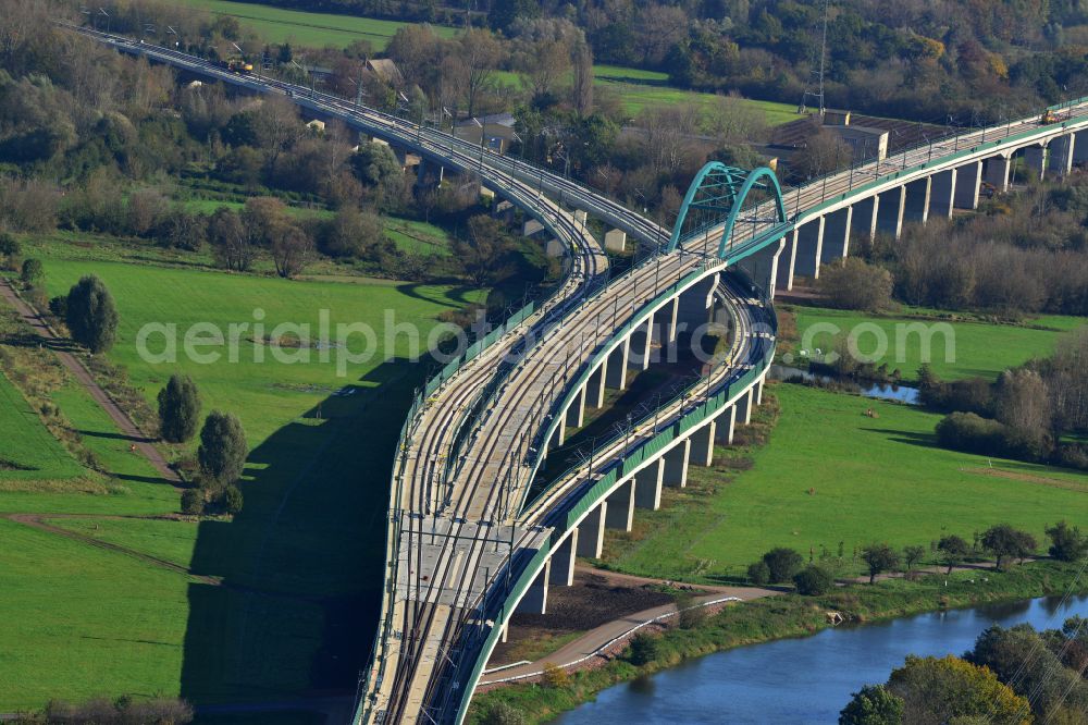 Aerial photograph Rattmannsdorf - Viaduct of the railway bridge structure to route the railway tracks in Rattmannsdorf in the state Saxony-Anhalt, Germany