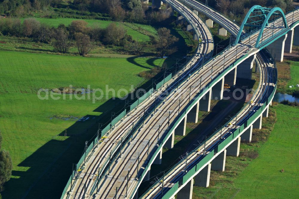 Rattmannsdorf from above - Viaduct of the railway bridge structure to route the railway tracks in Rattmannsdorf in the state Saxony-Anhalt, Germany