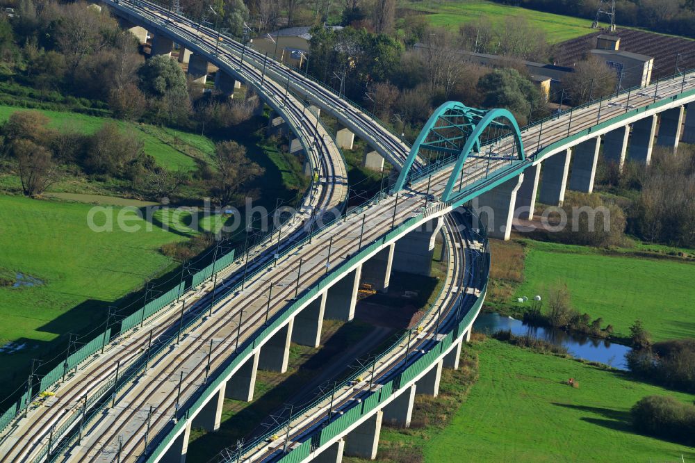 Rattmannsdorf from the bird's eye view: Viaduct of the railway bridge structure to route the railway tracks in Rattmannsdorf in the state Saxony-Anhalt, Germany