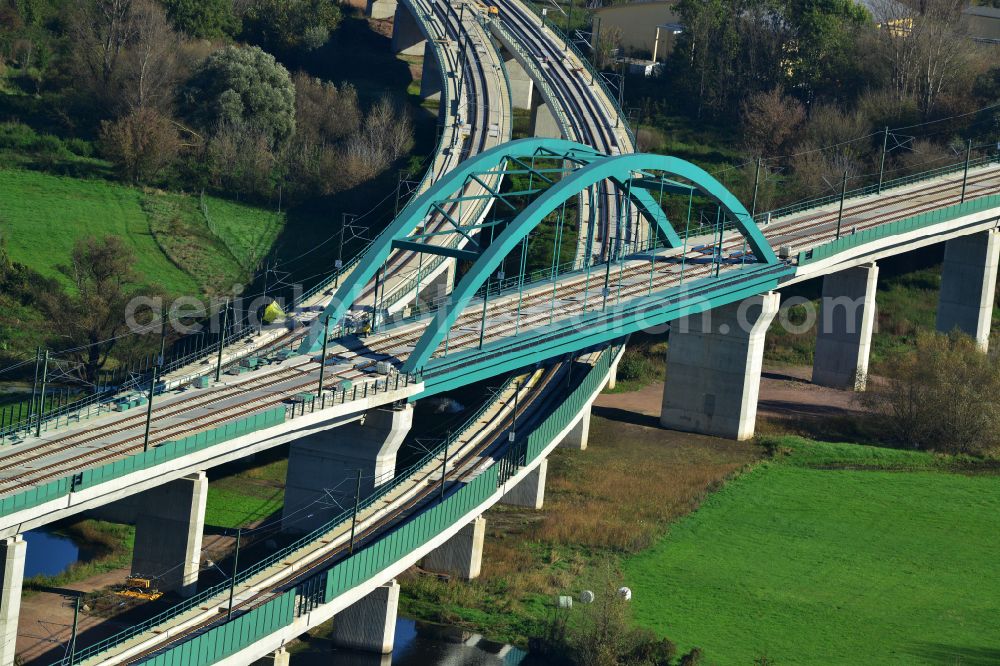 Rattmannsdorf from the bird's eye view: Viaduct of the railway bridge structure to route the railway tracks in Rattmannsdorf in the state Saxony-Anhalt, Germany