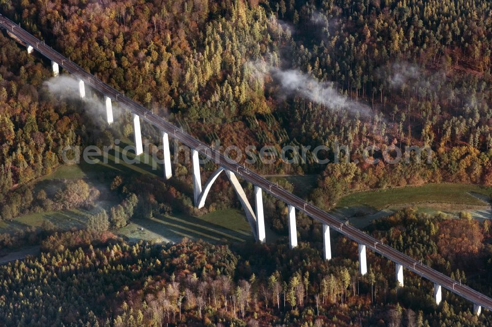 Schlitz from above - Viaduct of the railway bridge structure to route the railway tracks in Schlitz in the state Hesse, Germany