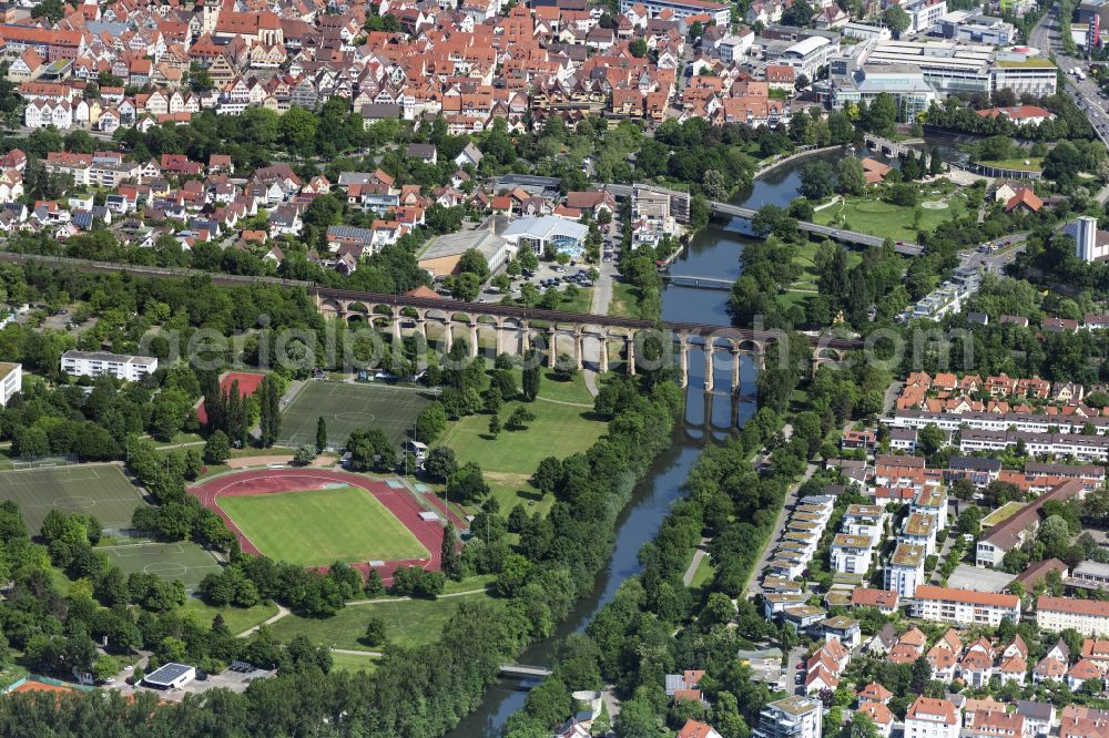 Aerial image Bietigheim-Bissingen - Viaduct of the railway bridge structure to route the railway tracks in Bietigheim-Bissingen in the state Baden-Wurttemberg, Germany