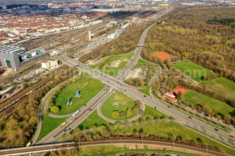 Aerial image Karlsruhe - Viaduct of the expressway Ettlinger Allee on Scheidgraben in the district Rueppurr in Karlsruhe in the state Baden-Wurttemberg, Germany