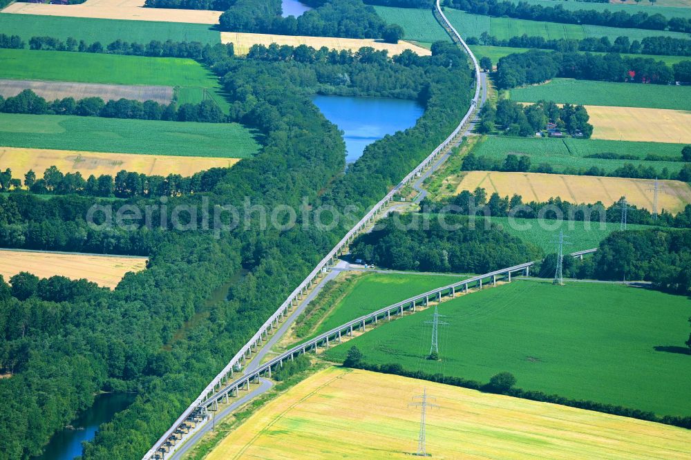 Kluse from the bird's eye view: Viaduct of the railway line to routethe former Transrapid test track in Kluse Emsland in the state Lower Saxony, Germany