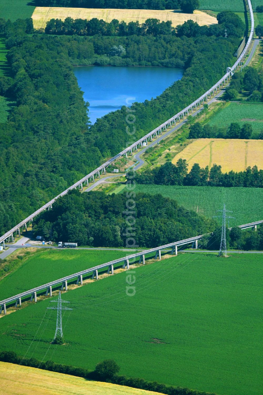 Aerial photograph Kluse - Viaduct of the railway line to routethe former Transrapid test track in Kluse Emsland in the state Lower Saxony, Germany