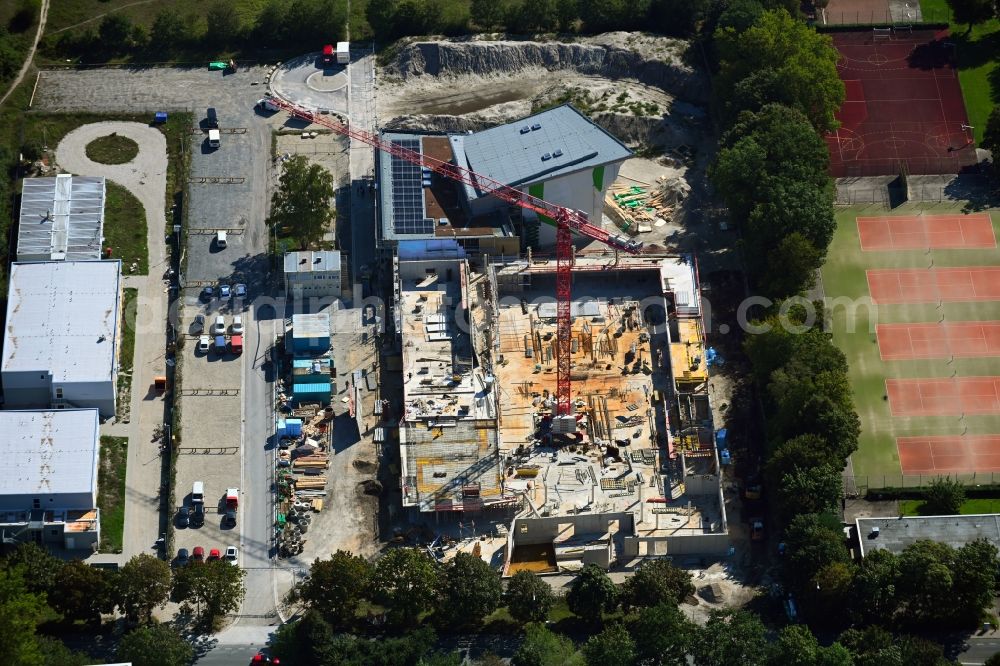 Erlangen from above - Construction site for the new sports hall VIERFACHSPORTHALLE ERLANGEN in Erlangen in the state Bavaria, Germany