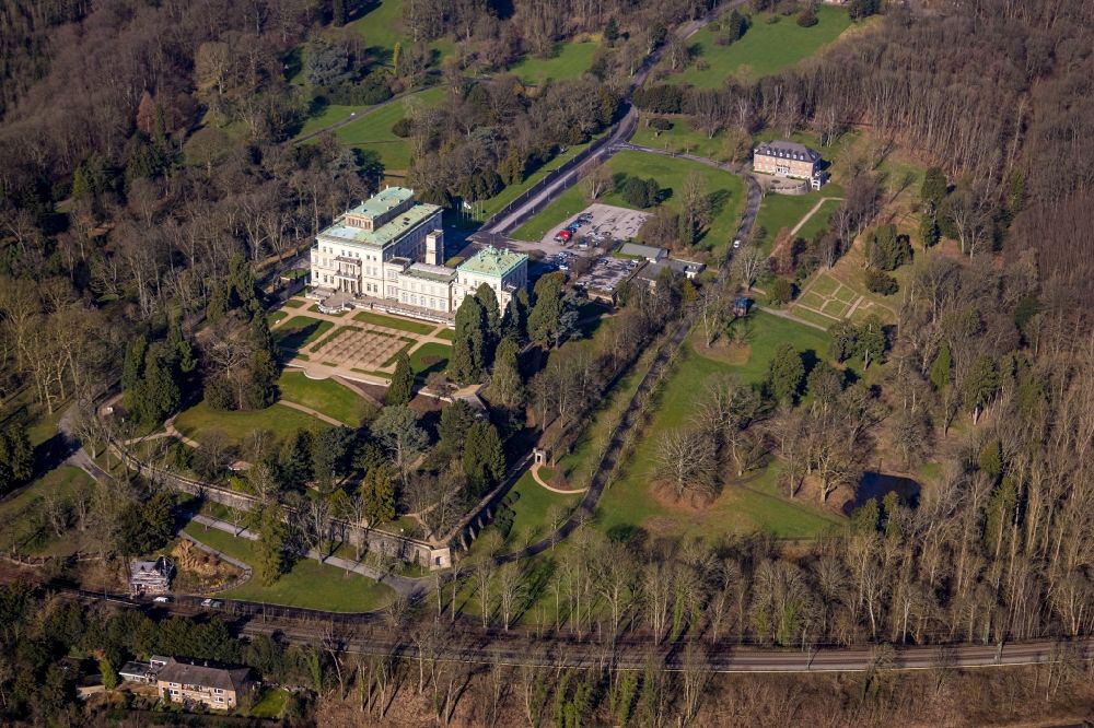Essen from the bird's eye view: villa Huegel in the Bredeney district of Essen on the Huegelpark in the state of North Rhine-Westphalia - It was built by Alfred Krupp and is the former residential and representative house of the Krupp industrial family