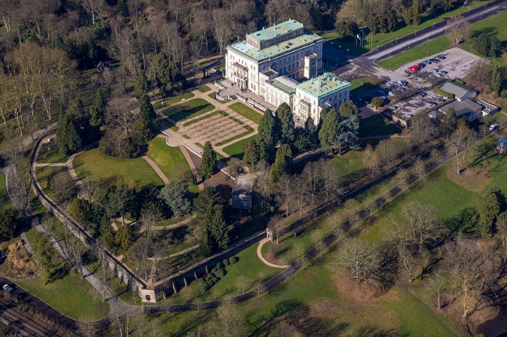 Essen from above - villa Huegel in the Bredeney district of Essen on the Huegelpark in the state of North Rhine-Westphalia - It was built by Alfred Krupp and is the former residential and representative house of the Krupp industrial family