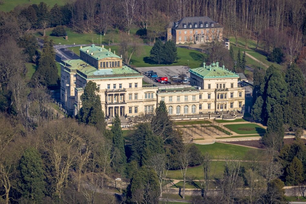 Essen from above - villa Huegel in the Bredeney district of Essen on the Huegelpark in the state of North Rhine-Westphalia - It was built by Alfred Krupp and is the former residential and representative house of the Krupp industrial family