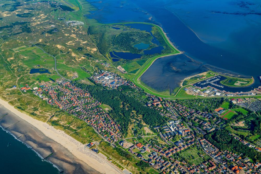 Norderney from above - Bird sanctuary with lakes and ponds Suedstrandpolder on the island of Norderney in the state of Lower Saxony, Germany