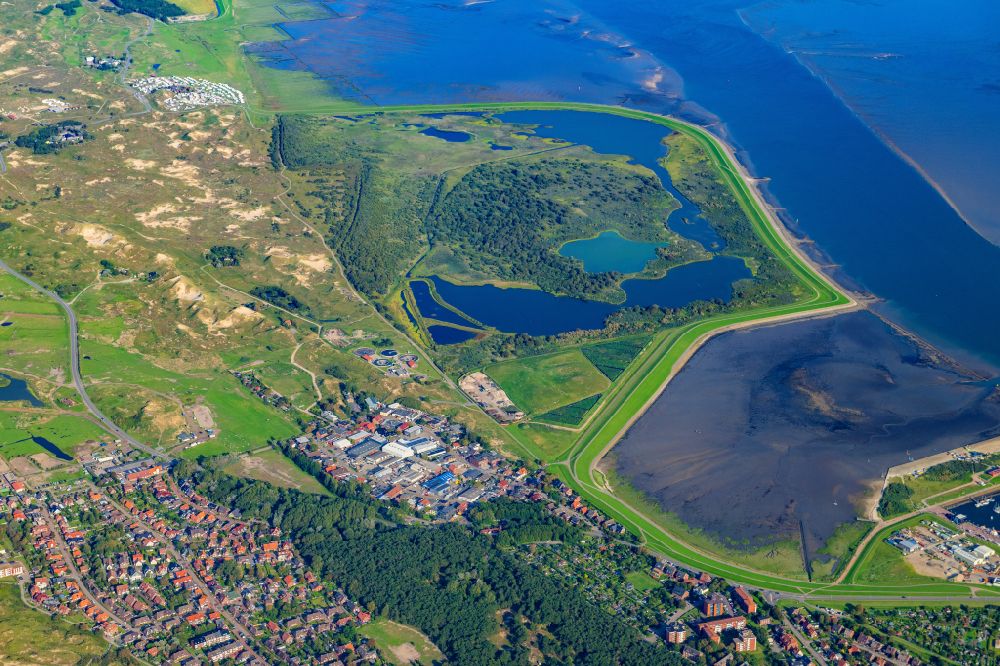 Norderney from the bird's eye view: Bird sanctuary with lakes and ponds Suedstrandpolder on the island of Norderney in the state of Lower Saxony, Germany