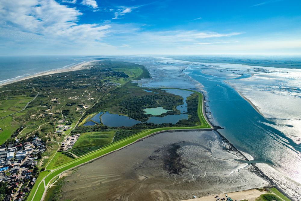 Aerial photograph Norderney - Bird sanctuary with lakes and ponds Suedstrandpolder on the island of Norderney in the state of Lower Saxony, Germany