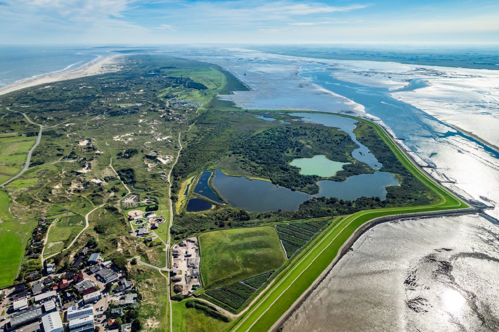 Norderney from above - Bird sanctuary with lakes and ponds Suedstrandpolder on the island of Norderney in the state of Lower Saxony, Germany
