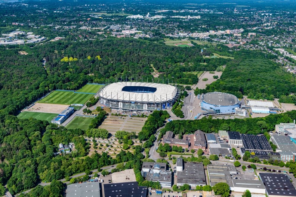 Hamburg from above - Stadium Volksparkstadion - formerly Imtech-Arena, is the home ground of German Bundesliga club HSV