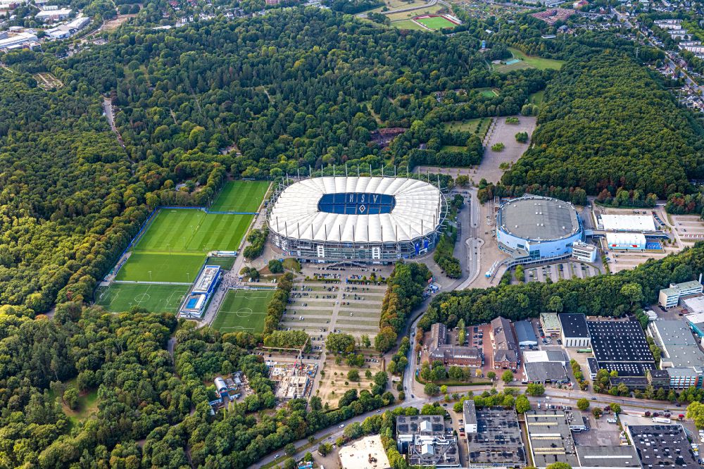 Aerial image Hamburg - Stadium Volksparkstadion - formerly Imtech-Arena, is the home ground of German Bundesliga club HSV