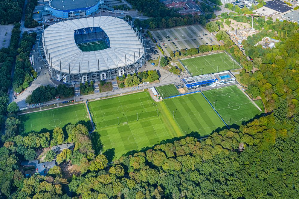 Hamburg from the bird's eye view: Stadium Volksparkstadion - formerly Imtech-Arena, is the home ground of German Bundesliga club HSV