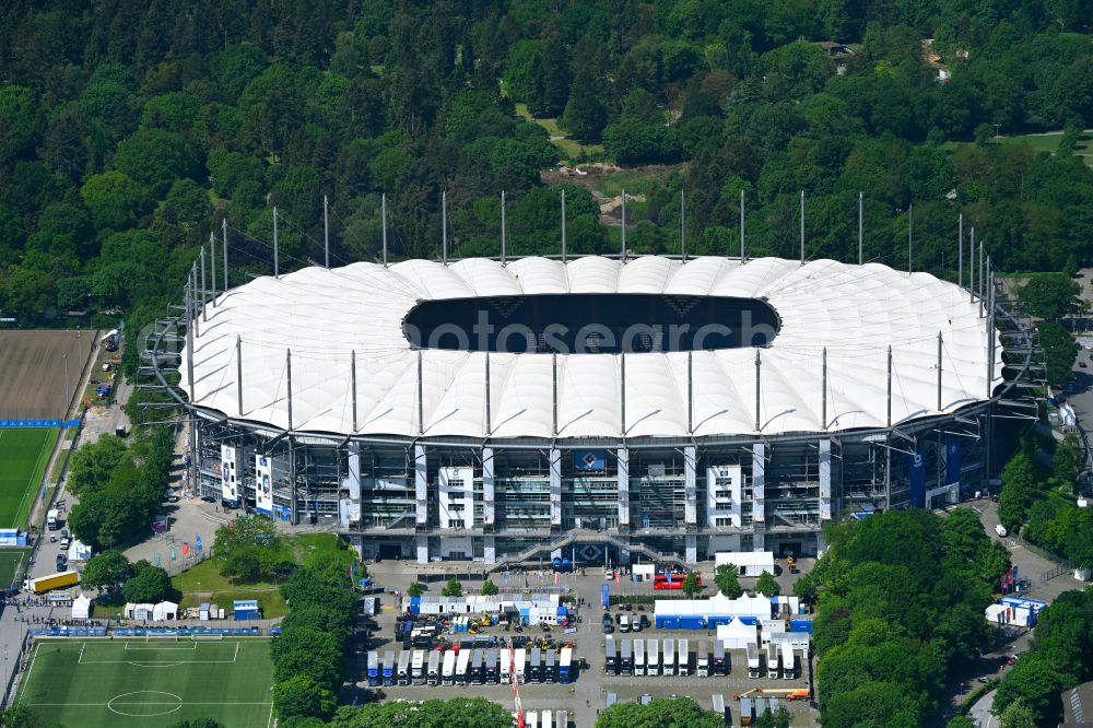 Hamburg from above - Stadium Volksparkstadion - formerly Imtech-Arena, is the home ground of German Bundesliga club HSV