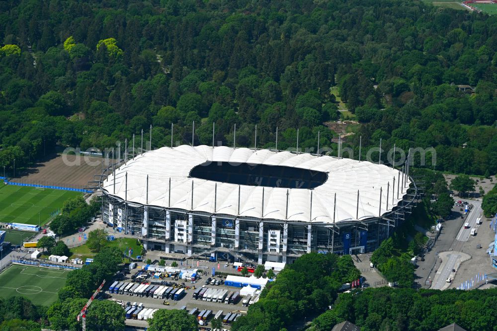 Hamburg from the bird's eye view: Stadium Volksparkstadion - formerly Imtech-Arena, is the home ground of German Bundesliga club HSV