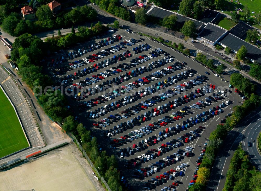 Würzburg from above - Full parking lot at the outdoor pool Dallenbergbad on Koenig-Heinrich-Strasse in the district Steinbachtal in Wuerzburg in the state Bavaria, Germany