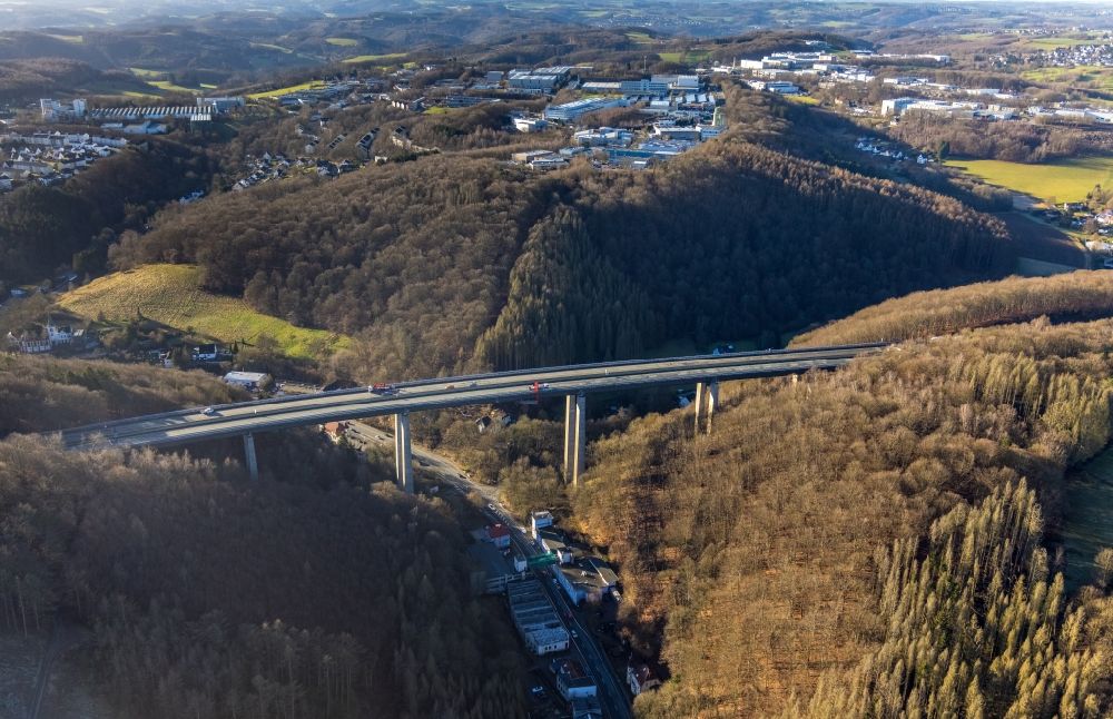 Aerial image Oberrahmede - Blocked route and lanes in the course of the dilapidated Autobahn bridge of the BAB A45 Talbruecke Rahmede in Oberrahmede in the state North Rhine-Westphalia, Germany