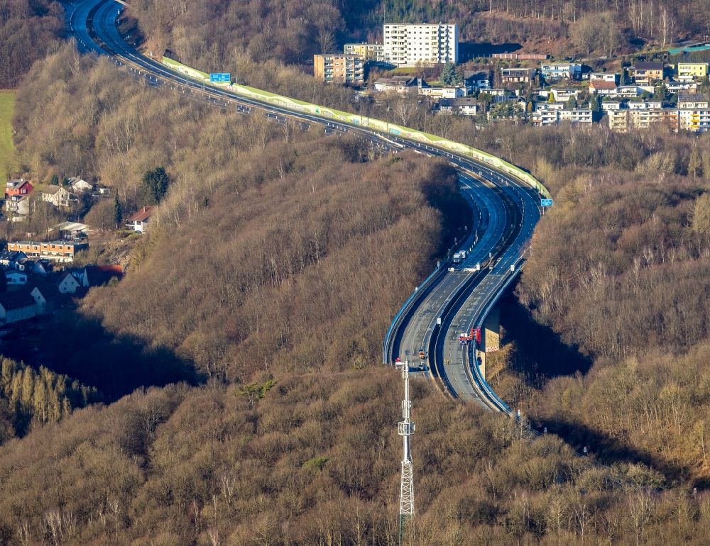 Oberrahmede from above - Blocked route and lanes in the course of the dilapidated Autobahn bridge of the BAB A45 Talbruecke Rahmede in Oberrahmede in the state North Rhine-Westphalia, Germany
