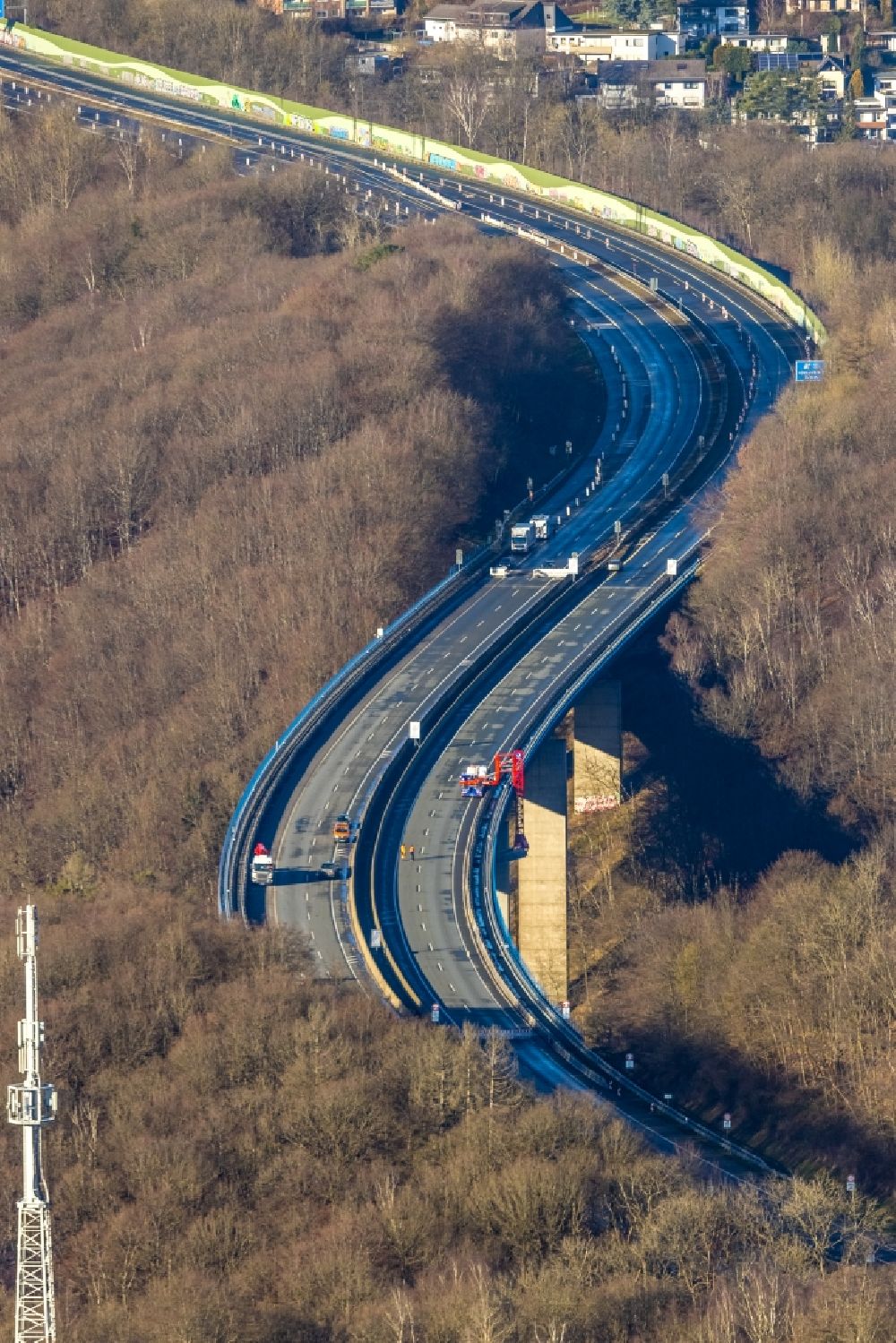 Oberrahmede from the bird's eye view: Blocked route and lanes in the course of the dilapidated Autobahn bridge of the BAB A45 Talbruecke Rahmede in Oberrahmede in the state North Rhine-Westphalia, Germany
