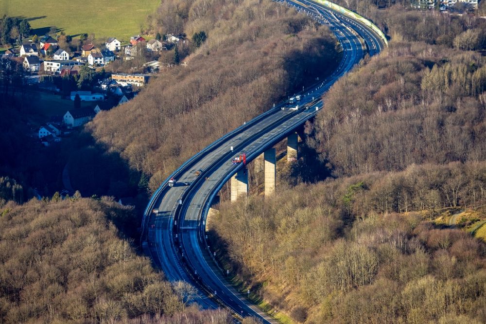 Aerial image Oberrahmede - Blocked route and lanes in the course of the dilapidated Autobahn bridge of the BAB A45 Talbruecke Rahmede in Oberrahmede in the state North Rhine-Westphalia, Germany