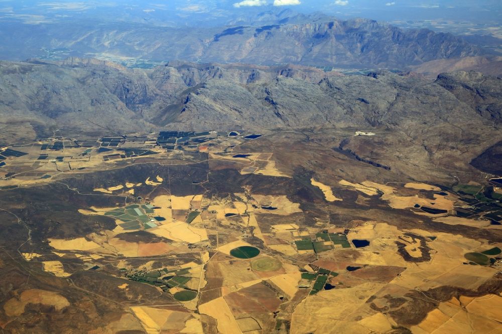 Breede River DC from the bird's eye view: Agricultural landscape surrounded by mountains in Breede River DC in Western Cape, South Africa