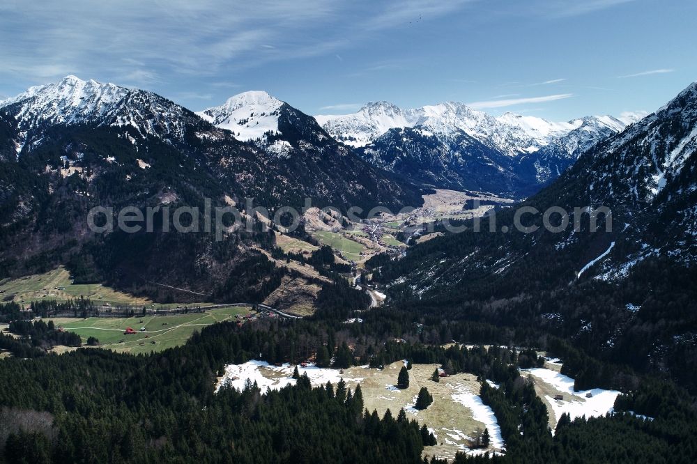 Aerial image Bad Hindelang - Valley landscape surrounded by mountains in Bad Hindelang in the state Bavaria, Germany