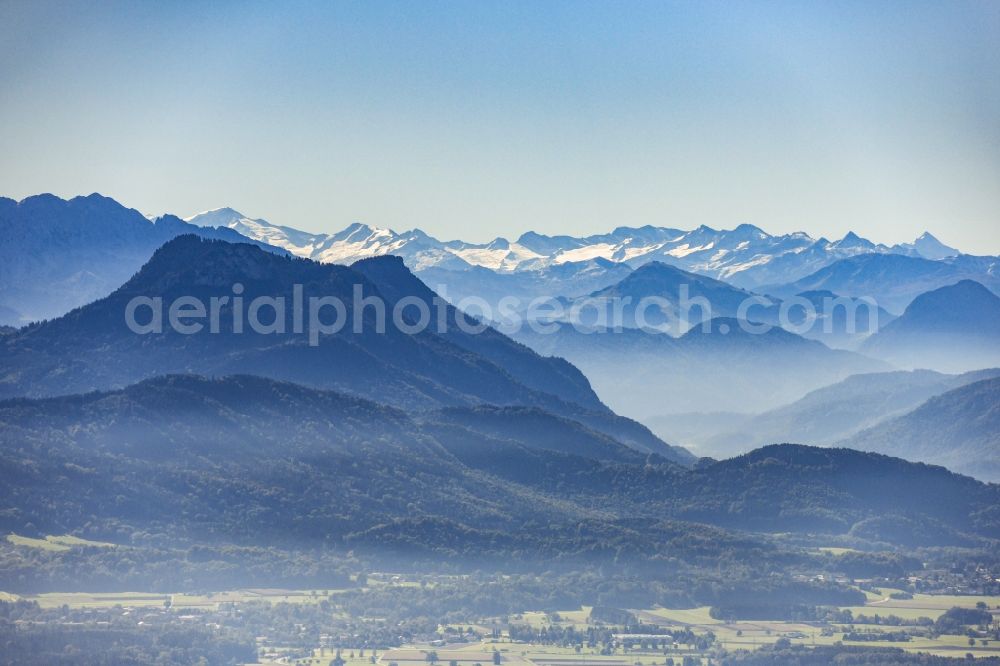 Bayrischzell from above - Valley landscape surrounded by mountains in Bayrischzell in the state Bavaria, Germany