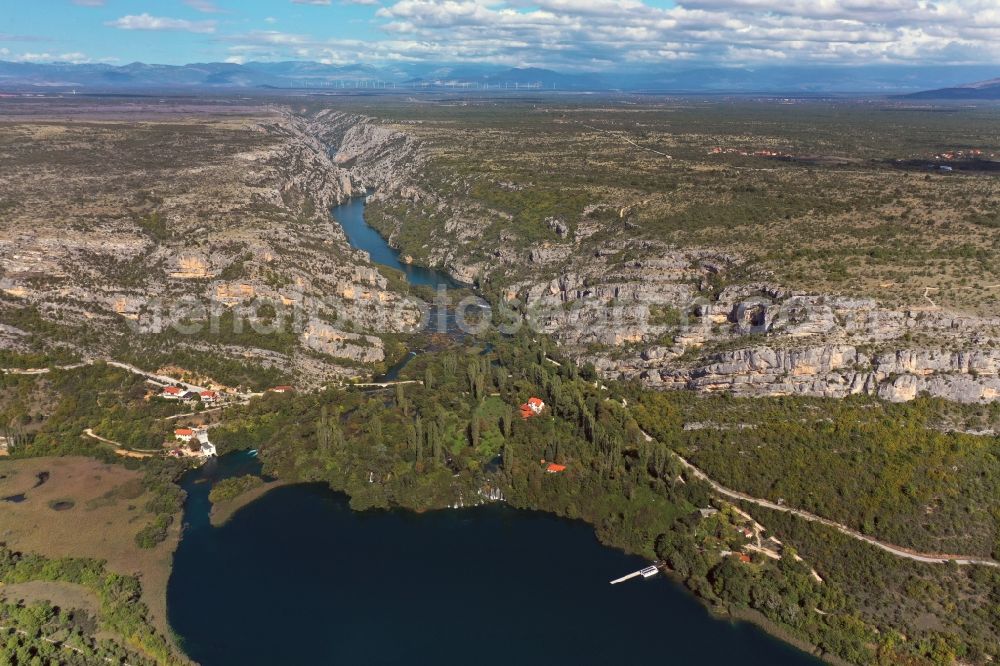 Bogatic from the bird's eye view: Valley landscape surrounded by mountains in Bogatic on river krka in Sibensko-kninska zupanija, Croatia