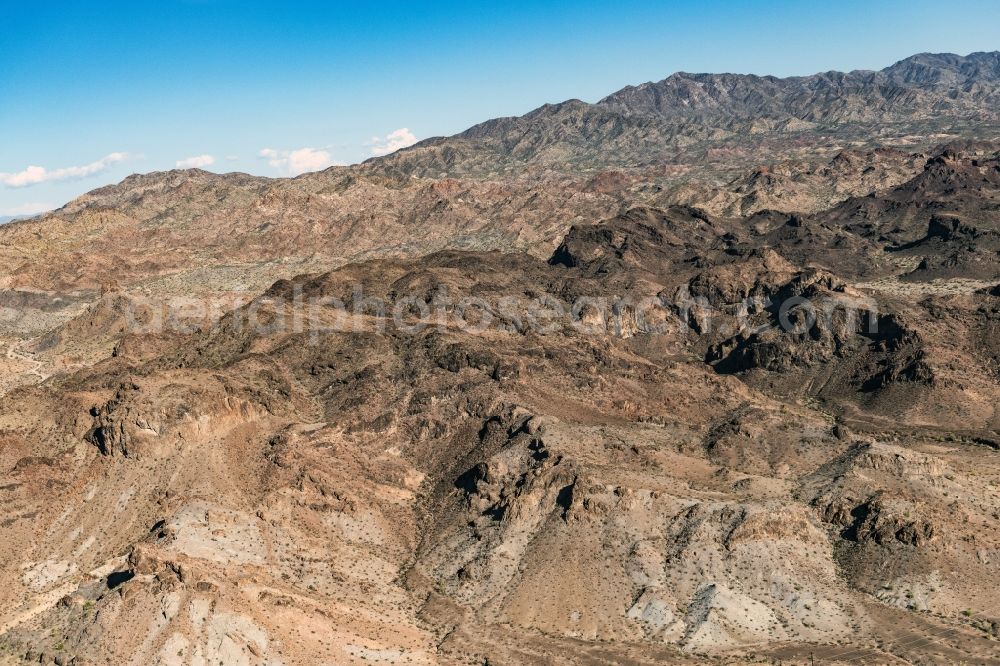 Lake Havasu City from the bird's eye view: Valley landscape surrounded by mountains in Lake Havasu City in Arizona, United States of America