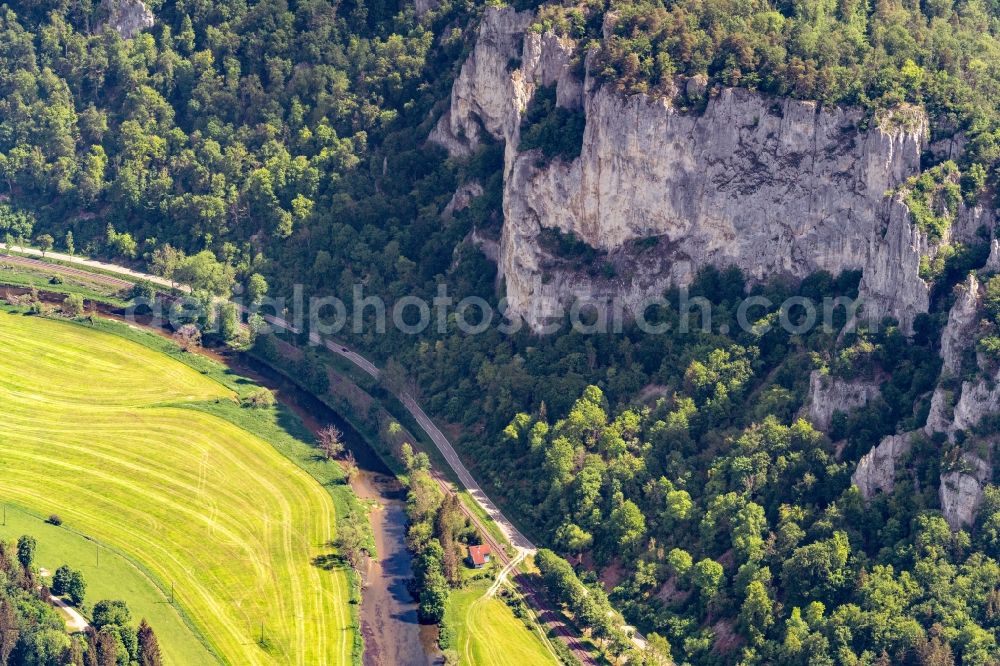 Beuron from above - Valley landscape surrounded by mountains in Beuron in the state Baden-Wuerttemberg, Germany