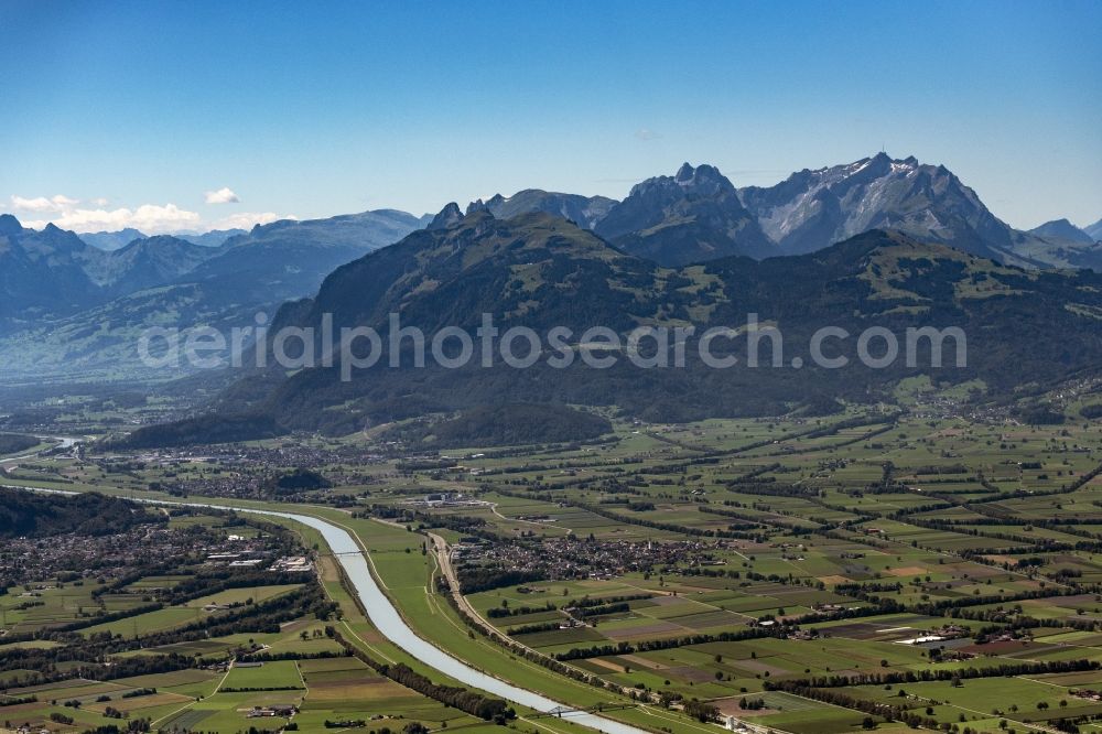 Aerial image Oberriet - Valley landscape surrounded by mountains in Oberriet in the canton Sankt Gallen, Switzerland