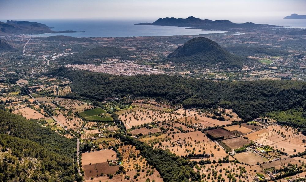 Aerial image Pollensa - Valley landscape surrounded by mountains in Pollensa in Islas Baleares, Spain