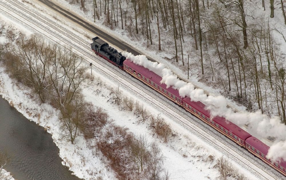 Aerial photograph Arnsberg - Of historic steam locomotive drawn traditional train at the station in Arnsberg in North Rhine-Westphalia