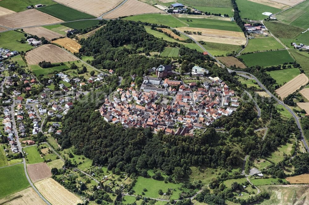 Aerial image Amöneburg - Surrounded by forest and forest areas center of the streets and houses and residential areas in Amoeneburg in the state Hesse, Germany