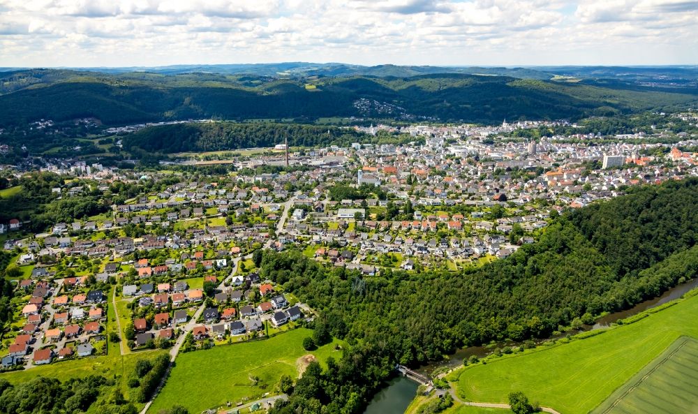 Aerial image Arnsberg - Surrounded by forest and forest areas center of the streets and houses and residential areas along the Ruhrblick in Arnsberg in the state North Rhine-Westphalia, Germany