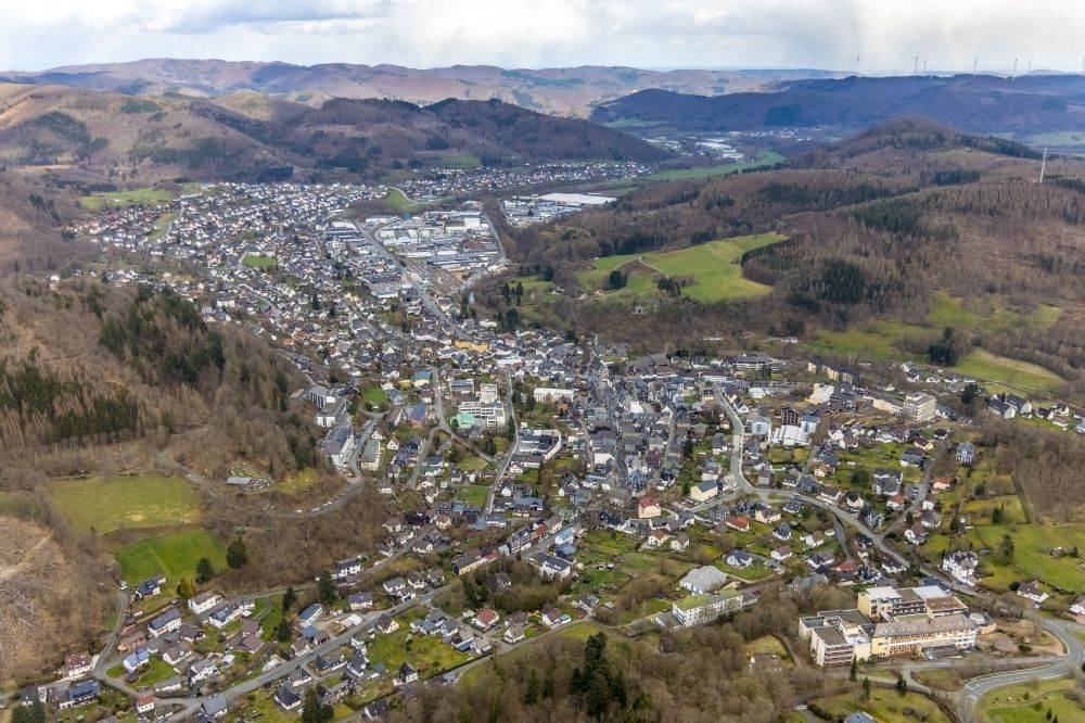 Aerial image Bad Laasphe - Surrounded by forest and forest areas center of the streets and houses and residential areas in Bad Laasphe on Siegerland in the state North Rhine-Westphalia, Germany