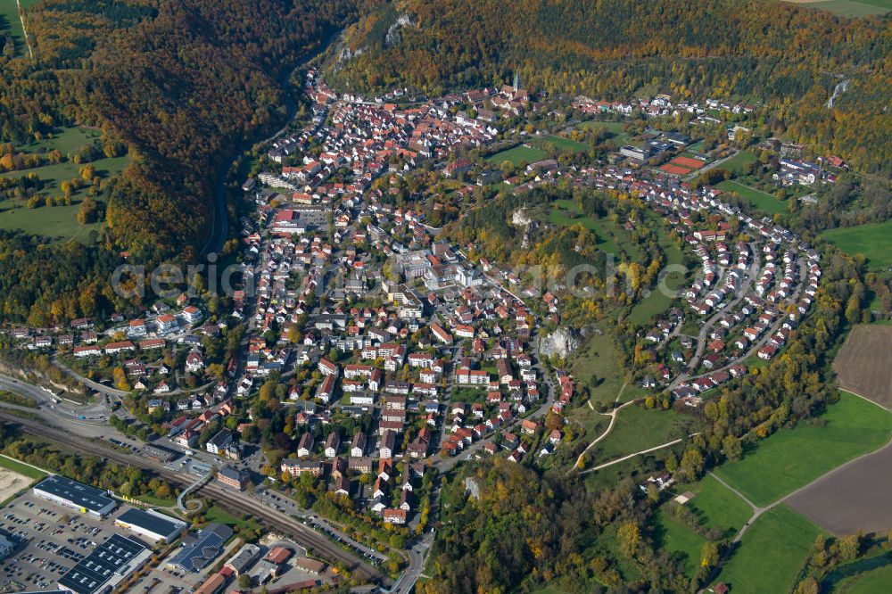 Aerial image Blaubeuren - Surrounded by forest and forest areas center of the streets and houses and residential areas in Blaubeuren in the state Baden-Wuerttemberg, Germany