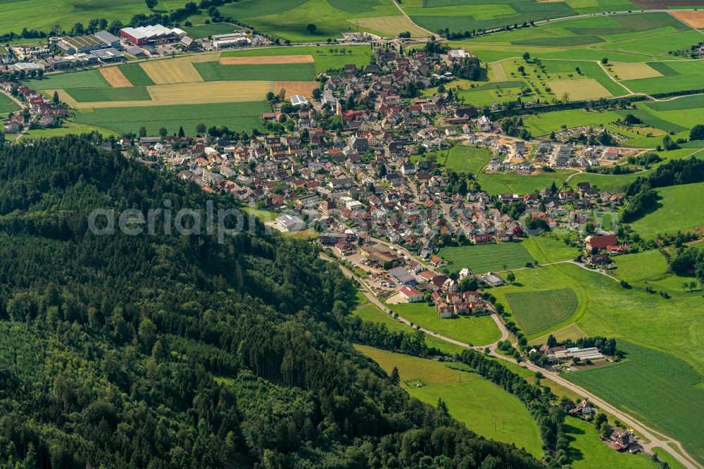 Bleibach from the bird's eye view: Surrounded by forest and forest areas center of the streets and houses and residential areas in Bleibach in the state Baden-Wuerttemberg, Germany