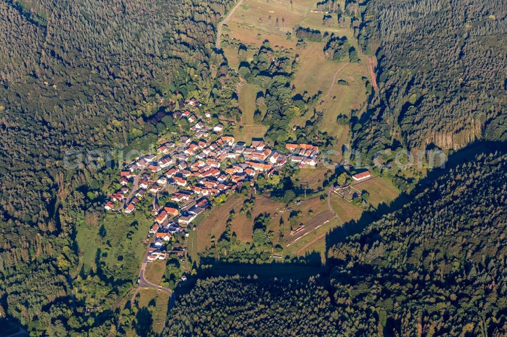 Aerial image Böllenborn - Surrounded by forest and forest areas center of the streets and houses and residential areas in Boellenborn in the state Rhineland-Palatinate, Germany