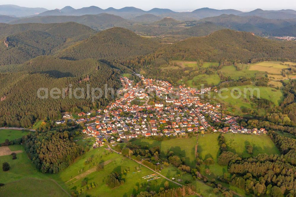 Aerial image Busenberg - Surrounded by forest and forest areas center of the streets and houses and residential areas in Busenberg in the state Rhineland-Palatinate, Germany