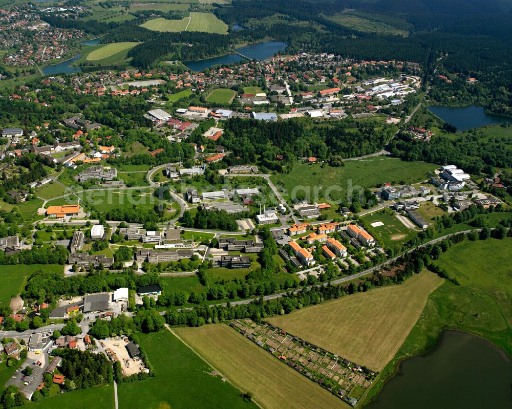 Aerial image Clausthal-Zellerfeld - Surrounded by forest and forest areas center of the streets and houses and residential areas in Clausthal-Zellerfeld in the state Lower Saxony, Germany