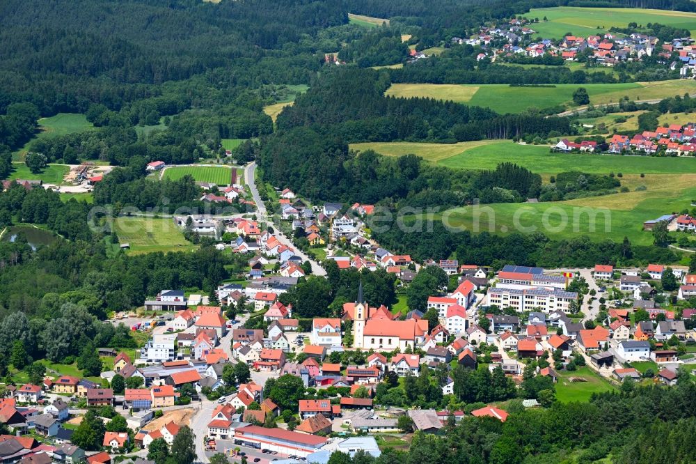 Aerial image Deining - Surrounded by forest and forest areas center of the streets and houses and residential areas in Deining in the state Bavaria, Germany