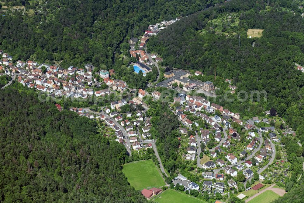 Pforzheim from above - Surrounded by forest and forest areas center of the streets and houses and residential areas with the ruins of the buildings and halls of the former Weissenstein paper factory in Pforzheim in the state Baden-Wuerttemberg, Germany