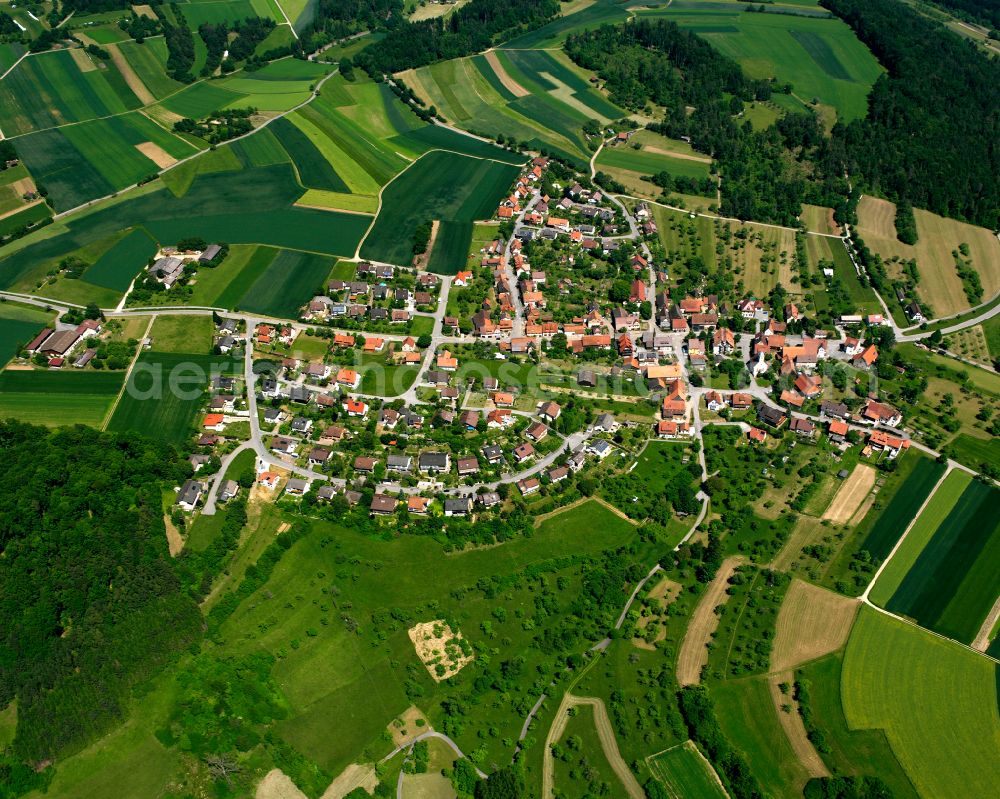 Emmingen from the bird's eye view: Surrounded by forest and forest areas center of the streets and houses and residential areas in Emmingen in the state Baden-Wuerttemberg, Germany