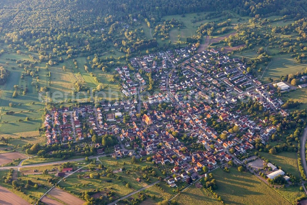 Ettlingen from the bird's eye view: Surrounded by forest and forest areas center of the streets and houses and residential areas in Ettlingen in the state Baden-Wurttemberg, Germany
