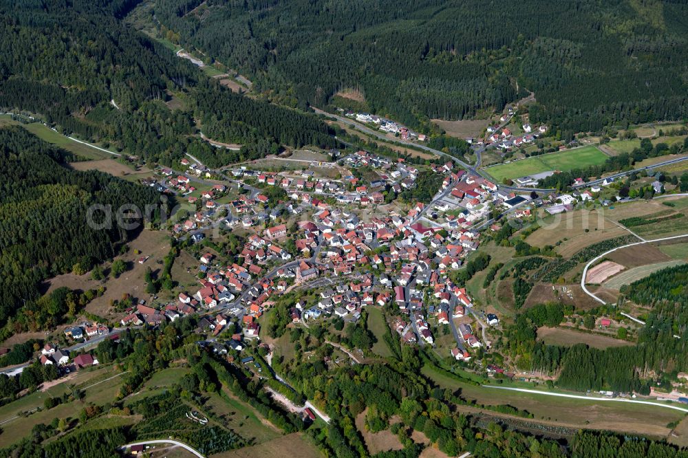 Aerial image Fellen - Surrounded by forest and forest areas center of the streets and houses and residential areas in Fellen in the state Bavaria, Germany